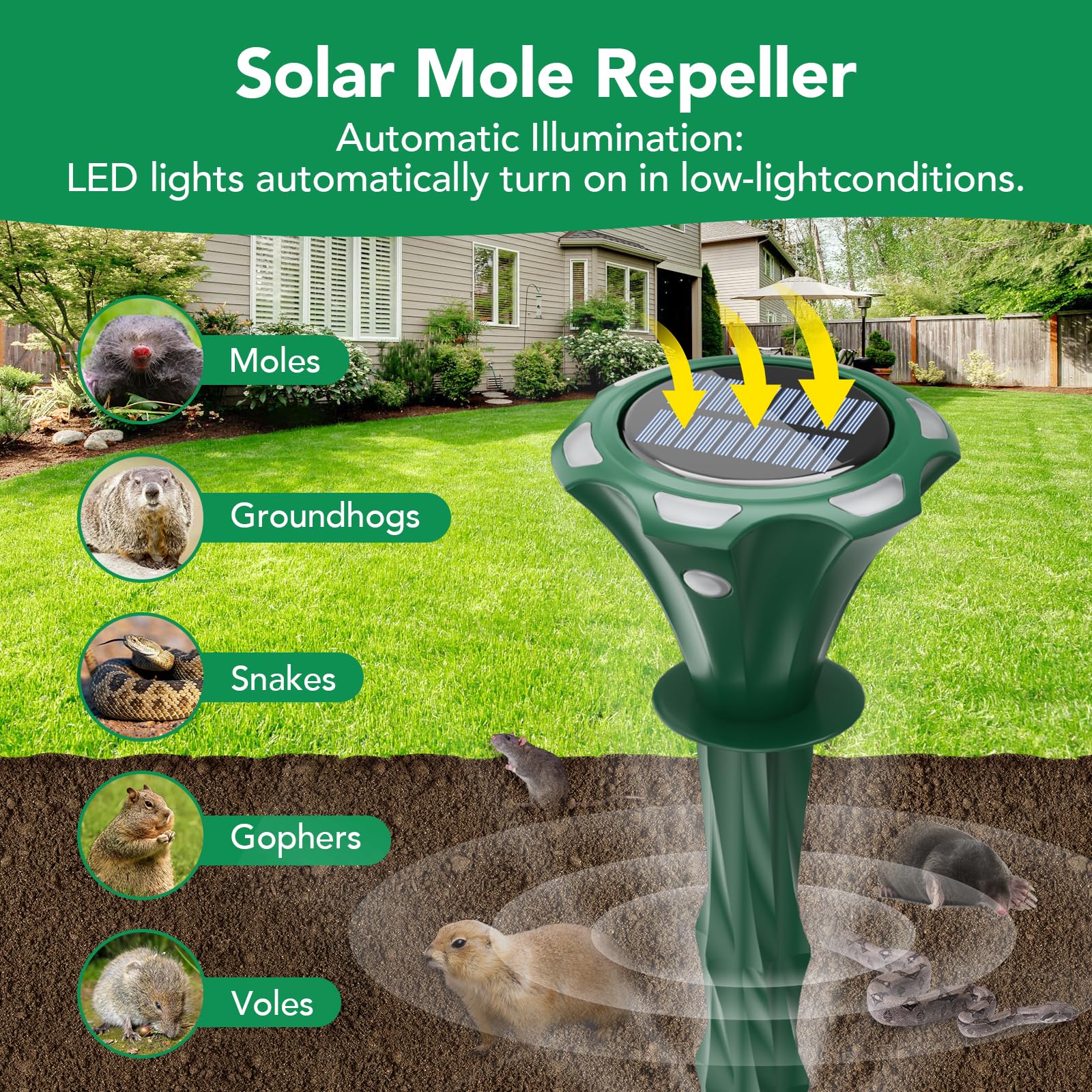 Mole Repeller Solar Powered 2 Pack, Waterproof Motion Detection LED Flash Light, Raccoon Deterrent, Gopher Control Ultrasonic Solar Powered for Yard Garden Lawns Get Rid of Mole, Vole