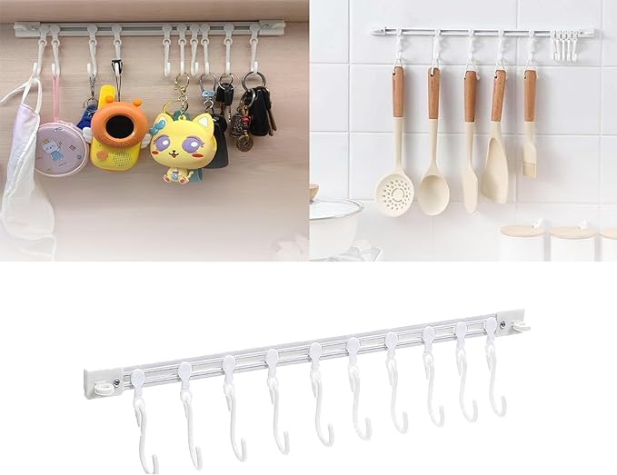 Aasipsuo Multifunctional Slide Rail Hook, Key Hook Track Wall Mounted, Hanging Pot Rack Hanger, Adhesive Coat Hook Rail, Multi-Purpose Rail Hook for Kitchen Cabinet (30cm/11.81in)