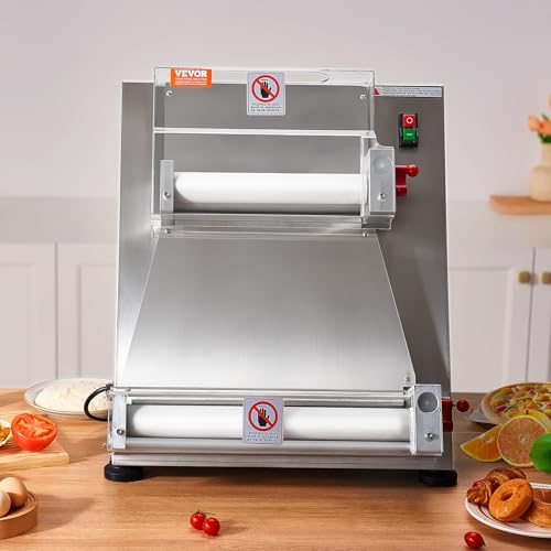 VEVOR Pizza Dough Roller Sheeter, 3-15 Inch Automatic Commercial Pizza Press, 390W Electric 260 Per Hour Dough Roller, Stainless Steel Adjustable Thickness Dough Machine, for Pasta Maker Equipment