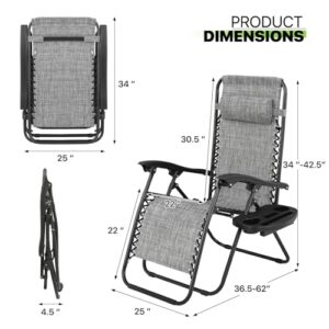 Magshion Zero Gravity Lounge Chairs Set of 2, Outdoor Foldable Patio Reclining Chair with Side Tray, Adjustable Anti-Gravity Recliners with Headrest, Folding Lounger for Lawn Camping Beach, Dark Grey