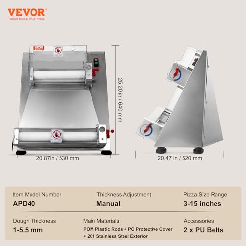 VEVOR Pizza Dough Roller Sheeter, 3-15 Inch Automatic Commercial Pizza Press, 390W Electric 260 Per Hour Dough Roller, Stainless Steel Adjustable Thickness Dough Machine, for Pasta Maker Equipment