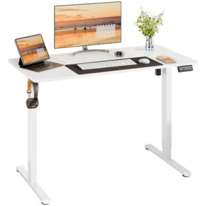 Meilocar Electric Standing Desk, Height Adjustable Desk 48 x 24 Inch Sit Stand Up Desk, Home Office Desk with Splice Board, Computer Desk with Memory Preset, Metal Bracket, White Frame and White Top