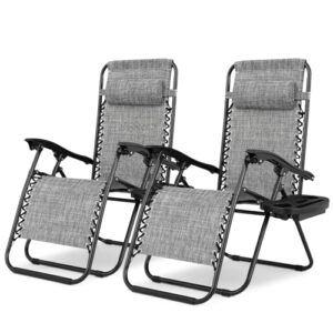 magshion zero gravity lounge chairs set of 2, outdoor foldable patio reclining chair with side tray, adjustable anti-gravity recliners with headrest, folding lounger for lawn camping beach, dark grey