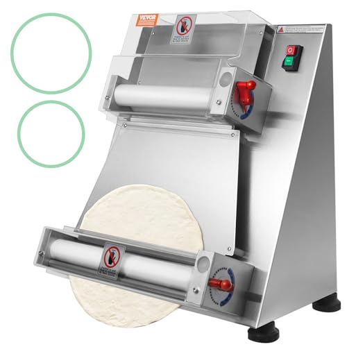 VEVOR Pizza Dough Roller Sheeter, 3-15 Inch Automatic Commercial Pizza Press, 390W Electric 260 Per Hour Dough Roller, Stainless Steel Adjustable Thickness Dough Machine, for Pasta Maker Equipment