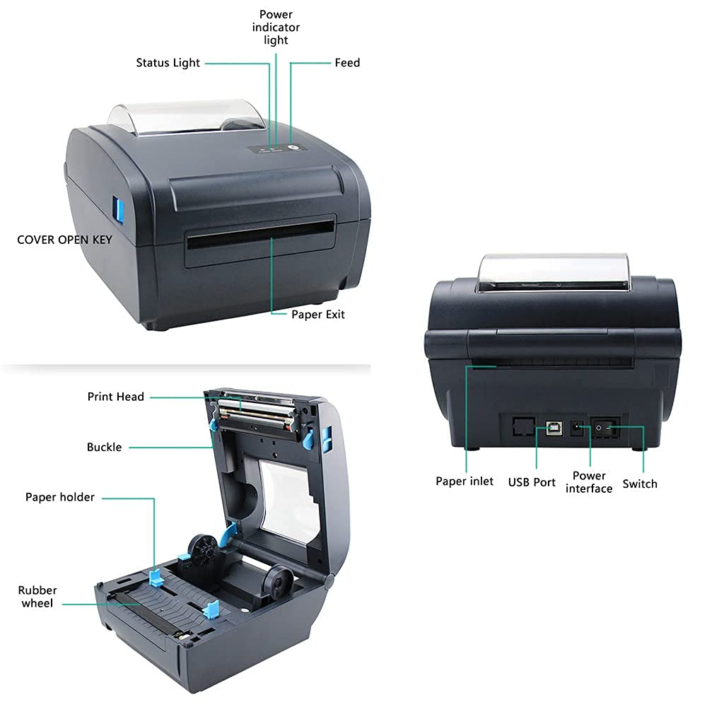 TREEYX Label Printer, Thermal Barcode Printer, Sticker Shipping Label Printer 4 * 6 Inch Bluetooth USB Pos Direct Portable Receipt Printer