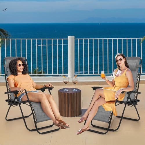 Magshion Zero Gravity Lounge Chairs Set of 2, Outdoor Foldable Patio Reclining Chair with Side Tray, Adjustable Anti-Gravity Recliners with Headrest, Folding Lounger for Lawn Camping Beach, Dark Grey