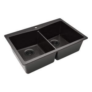 33" x 22" Quartz Kitchen Sink, Double Bowl Kitchen Sinks, Drop in sink, Undermount Sink, Galaxy Black Kitchen Sink, Double Sink Kitchen, Grids, Strainer and Flange, Lexicon Platinum LP-800TM-K