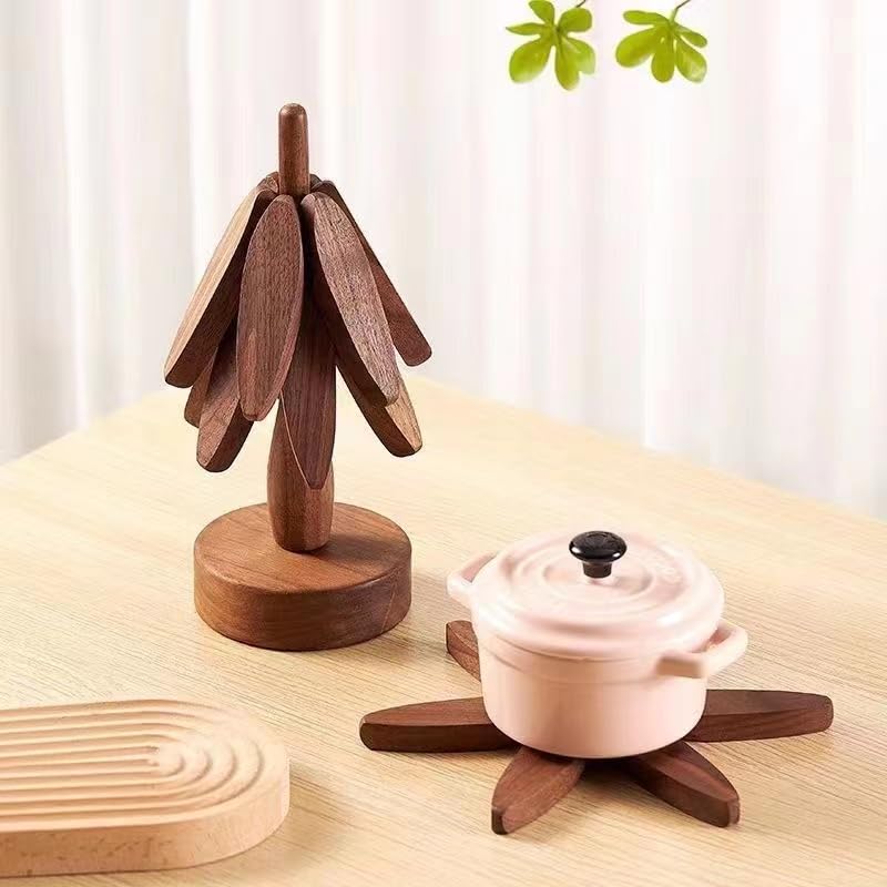 Wooden Trivets for Hot Dishes,Wooden Tree Trivet Set,Tree Coasters for Hot Dishes - 4 Wooden Trivet + 1 Stand (Walnut Wood)