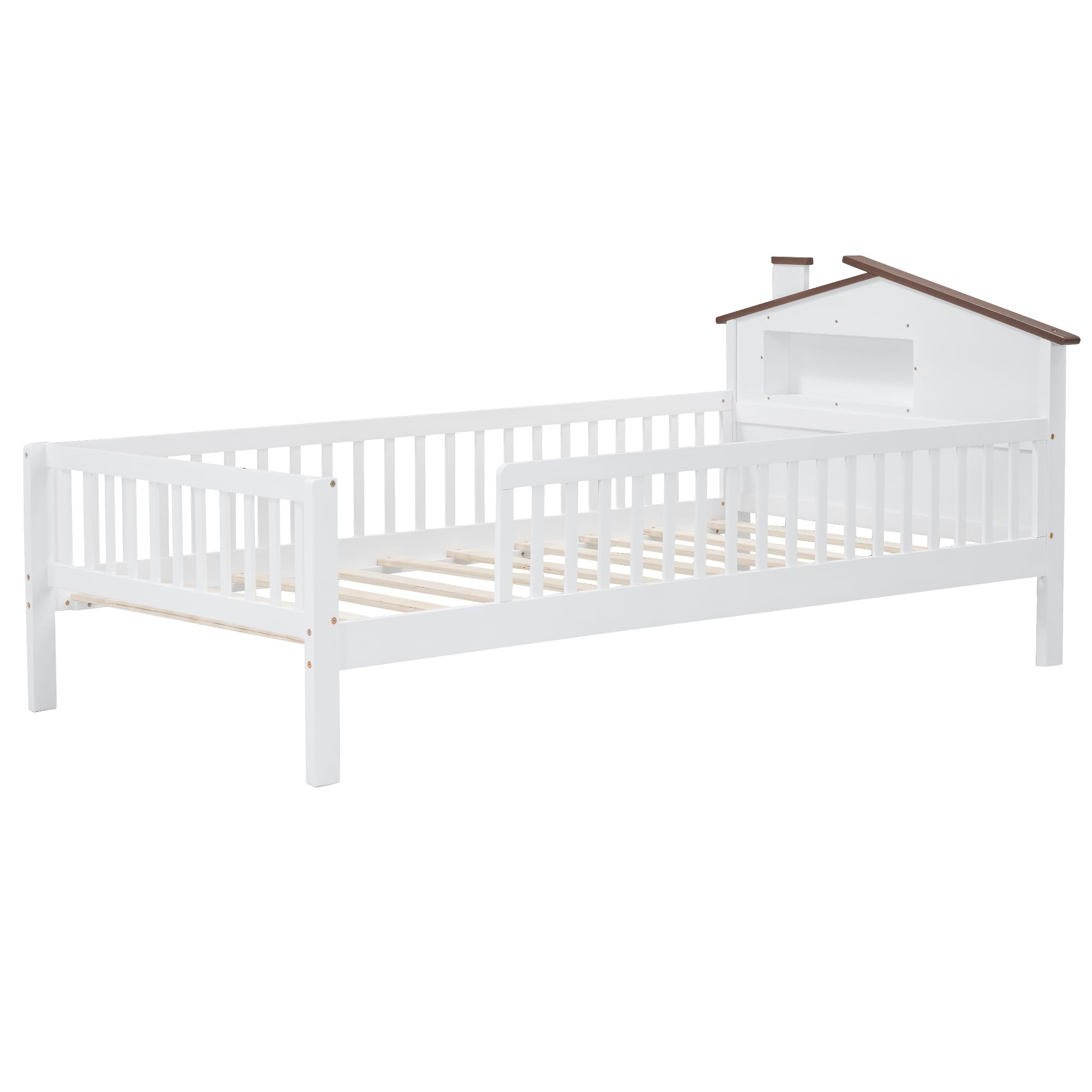 Bellemave Twin Size Montessori Bed for Kids, Twin Size Kids Bed with Fence，Kids Montessori Bed with House-Shaped Headboard and Built-in Storage, White