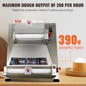 VEVOR Pizza Dough Roller Sheeter, 3-15 Inch Automatic Commercial Pizza Press, 390W Electric 260 Per Hour Dough Roller, Stainless Steel Adjustable Thickness Dough Machine, for Pasta Maker Equipment