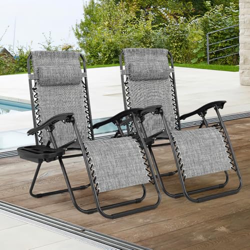 Magshion Zero Gravity Lounge Chairs Set of 2, Outdoor Foldable Patio Reclining Chair with Side Tray, Adjustable Anti-Gravity Recliners with Headrest, Folding Lounger for Lawn Camping Beach, Dark Grey