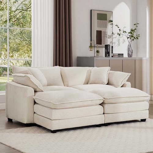 Deep Seat Sectional Sofa Cloud Couch with 2 Ottomans & Soft Pillows, Oversized Corduroy Upholstered Modular Loveseat Convertible Sleeper Sofabed for Living Room, Apartment, Small Space