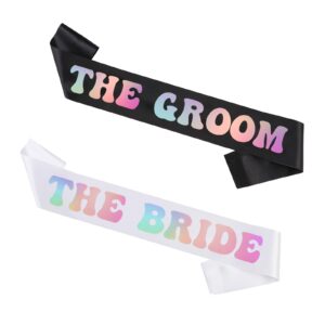 diartpaint iridescent the bride and the groom engagement sash, holographic foil shiny satin sash for bridal shower bachelorette wedding party decorations favors accessories