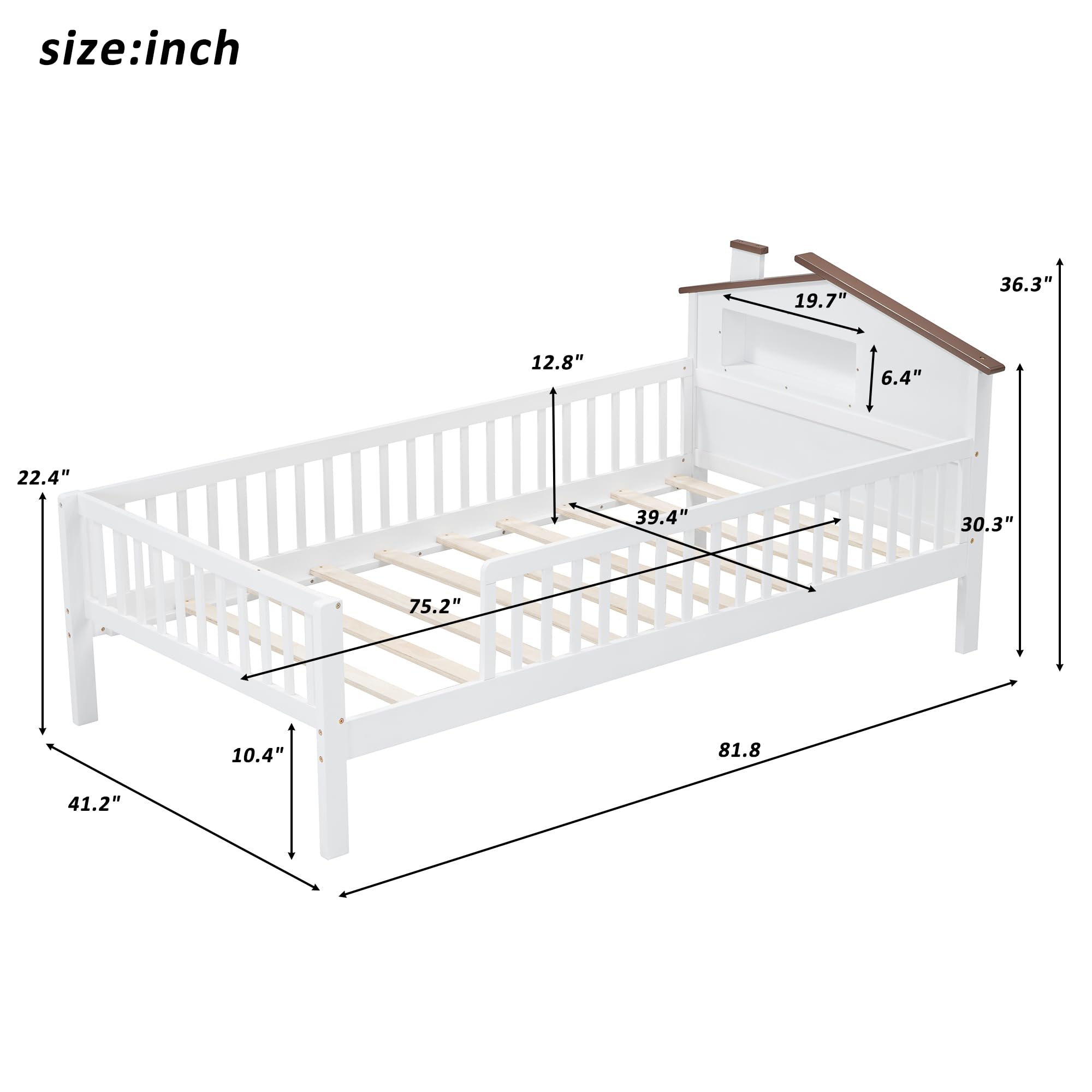 Bellemave Twin Size Montessori Bed for Kids, Twin Size Kids Bed with Fence，Kids Montessori Bed with House-Shaped Headboard and Built-in Storage, White