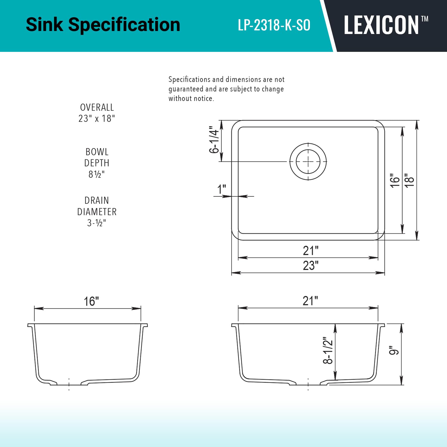 23" x 18" Quartz Kitchen Sink, single bowl kitchen sink,Drop in Kitchen Sink, Granite Composite Kitchen Sink, Undermount Sink, Galaxy Black kitchen Sink, Lexicon Platinum LP-2318-K-SO