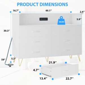 White Dresser for Bedroom with Power Outlet & LED Light, 6 Wooden Drawers Dressers with 2-Tier Open Shelves, Modern Chest of Double Wide Drawers for Living Room, Entryway, Hallway TV Stand