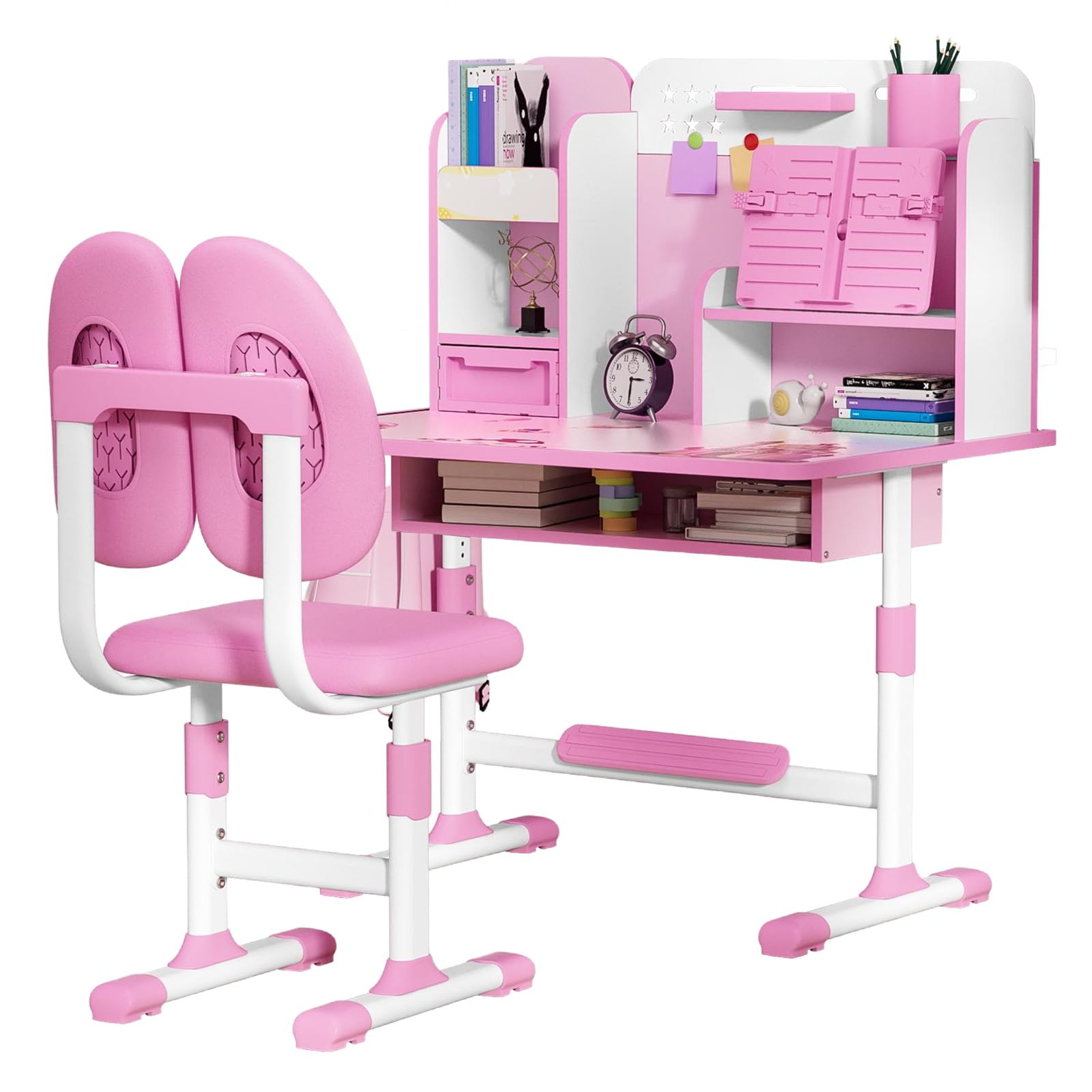 Kids Study Table and Chair Set, 2Pcs/Set Ergonomic Desk Chair with Book Stand, Height Adjustable Children School Study Table Chair Set with Sitting Corrector, Foot Pedal Partition Design (Pink)