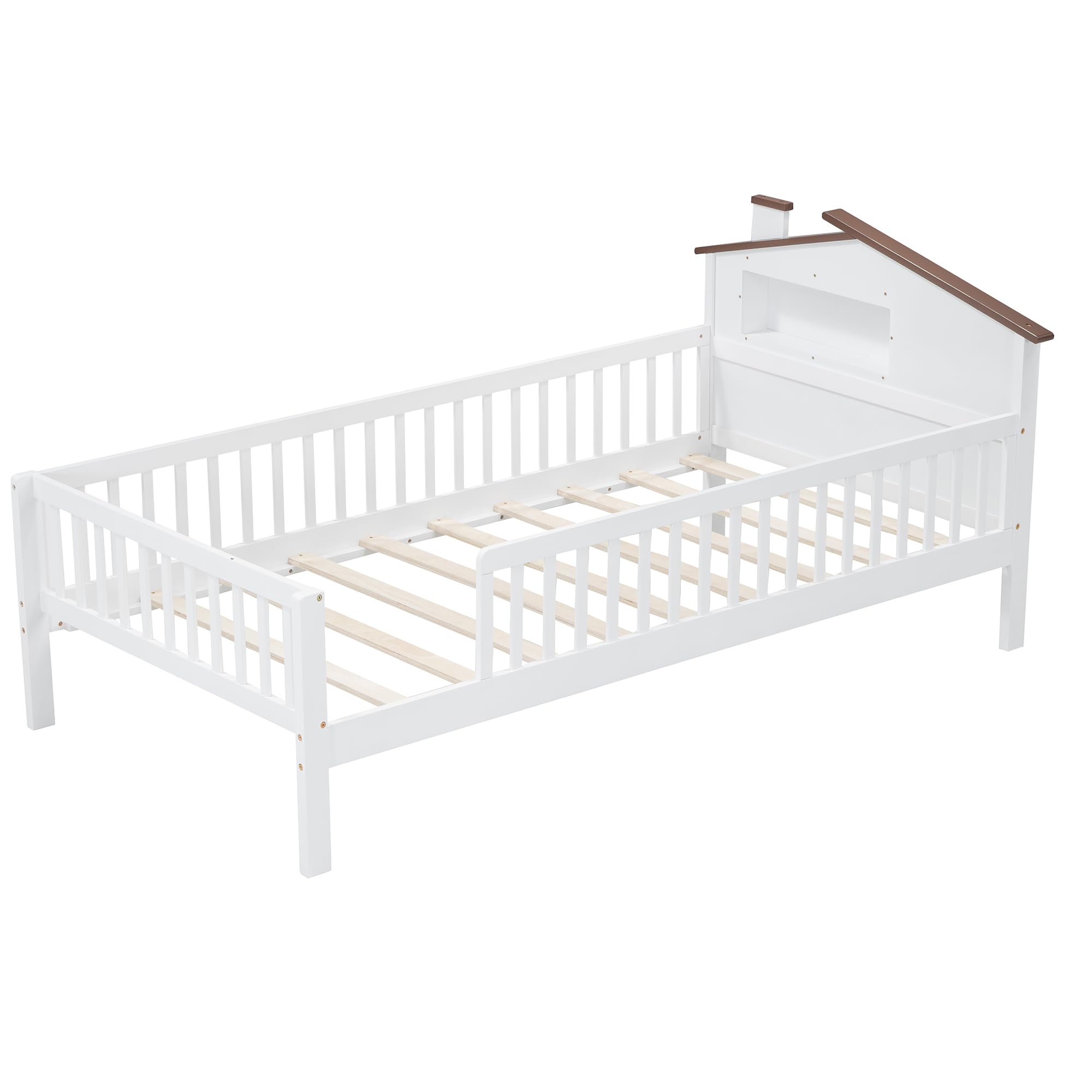 Bellemave Twin Size Montessori Bed for Kids, Twin Size Kids Bed with Fence，Kids Montessori Bed with House-Shaped Headboard and Built-in Storage, White