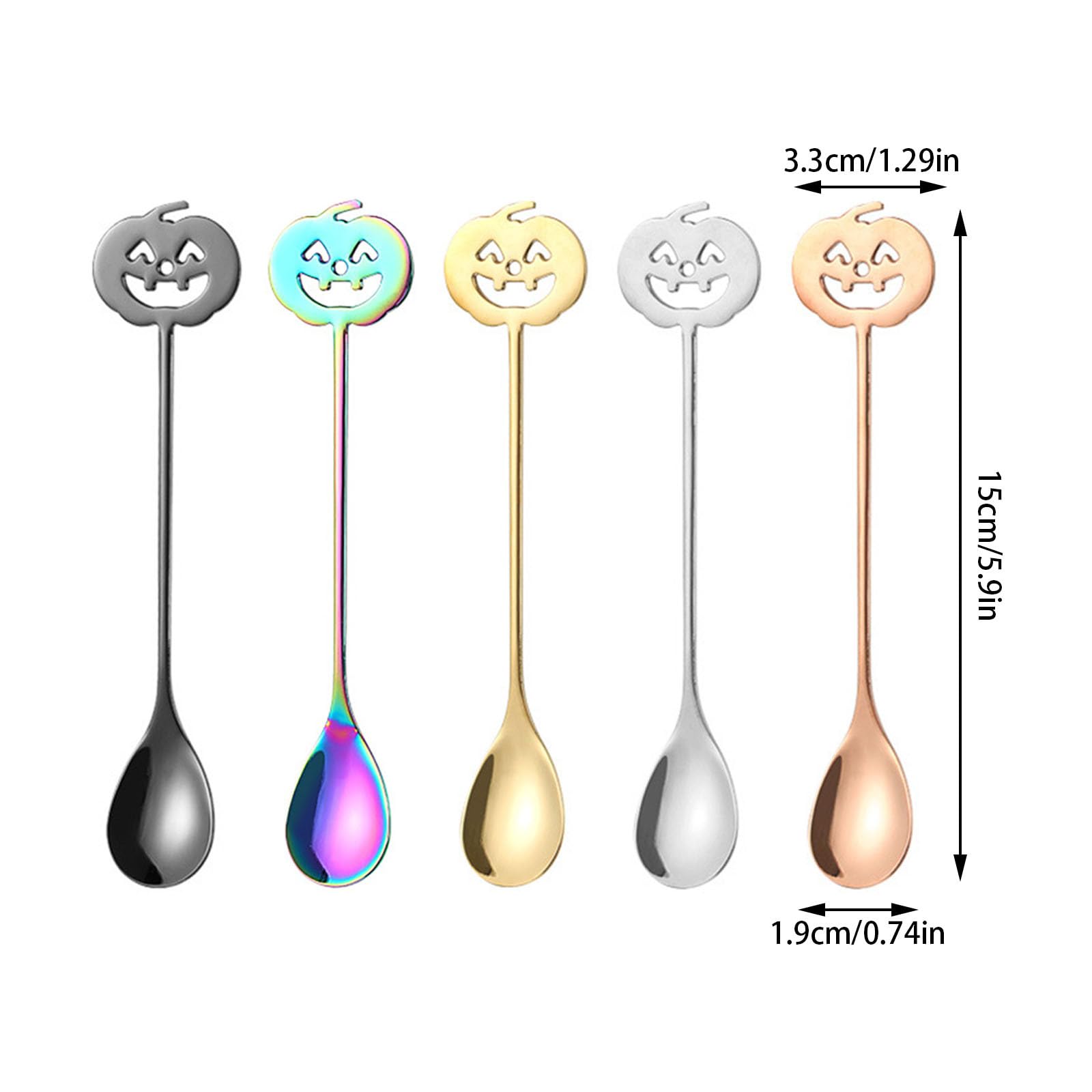 5pcs Halloween Pumpkin Coffee Spoon, Horror Pumpkin Head Stainless Steel Mixing Spoon, Multi-Function Cocktail Stirrer, Dessert & Tea Sugar Stirring Scoop for Kitchen, Bar (5*E)