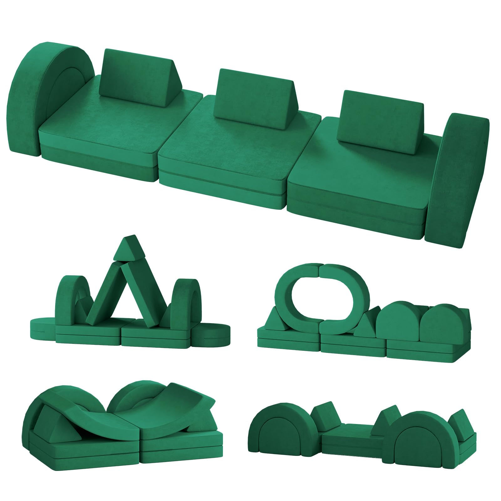 Neoriver Kids Couch, 13PCS Large Modular Kids Play Couch with 2 Tunnels, Fold Out Toddler Couch for Playroom Bedroom, Over 30 Creative Gameplay Kids Sectional Foam Sofa for Boys and Girls, Green