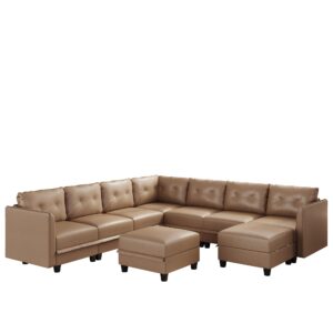 LLappuil Modular Sectional Sofa, Oversized U Shaped Sofa with Storage, Sectional Couch for Living Room, Faux Leather Fabric Waterproof Sofa, 8 Seats with Ottoman, Cognac Brown