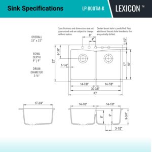 33" x 22" Quartz Kitchen Sink, Double Bowl Kitchen Sinks, Drop in sink, Undermount Sink, Galaxy Black Kitchen Sink, Double Sink Kitchen, Grids, Strainer and Flange, Lexicon Platinum LP-800TM-K