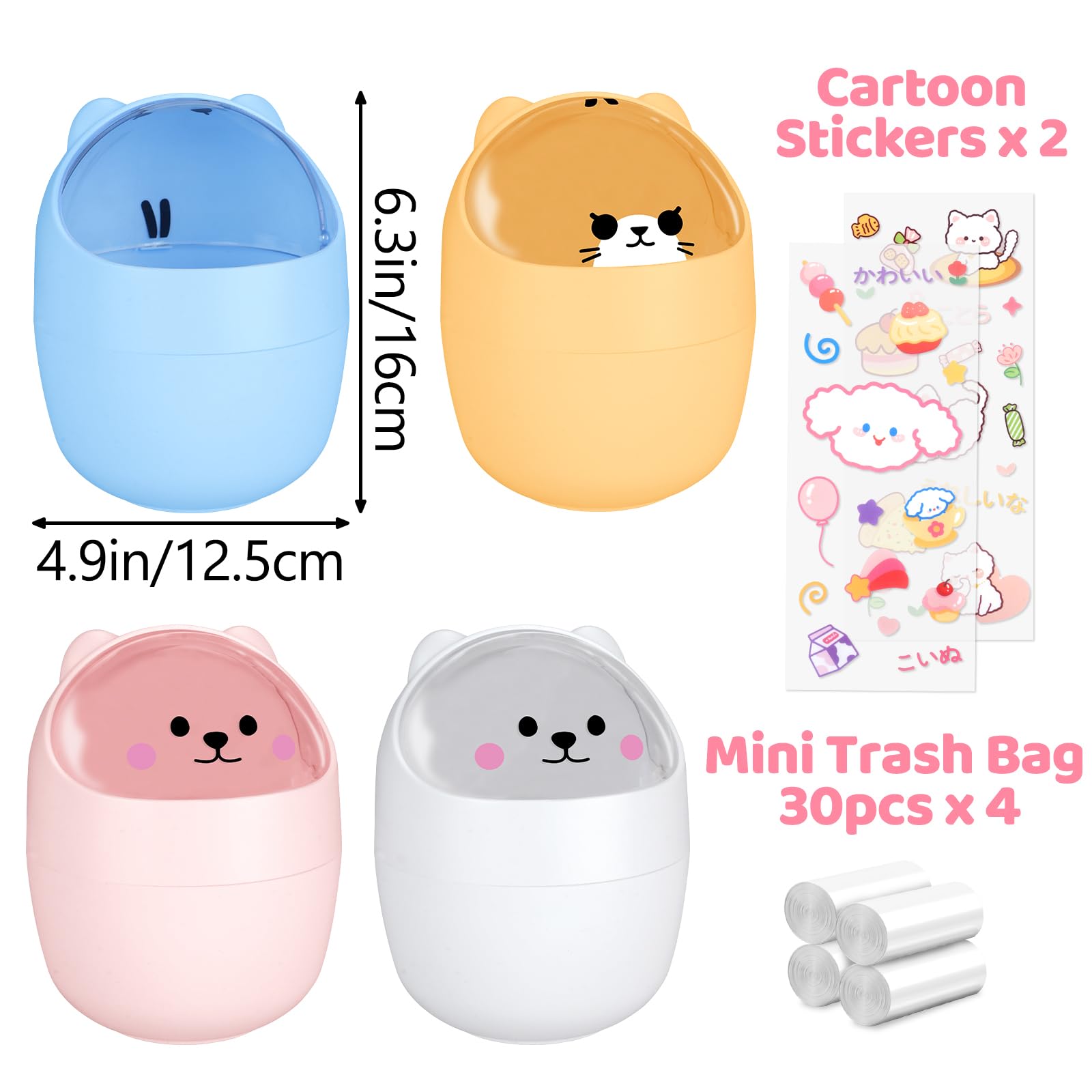 WCHOSOZH 2Pcs Cute Small Trash Can, Mini Kawaii Cartoon Animal Shape Garbage Cans with 4pcs Garbage Bags and 2pcs Stickers, Countertop Rubbish Storage Bin with Swing Lid for Kitchen,Desk (Yellow-Blue)