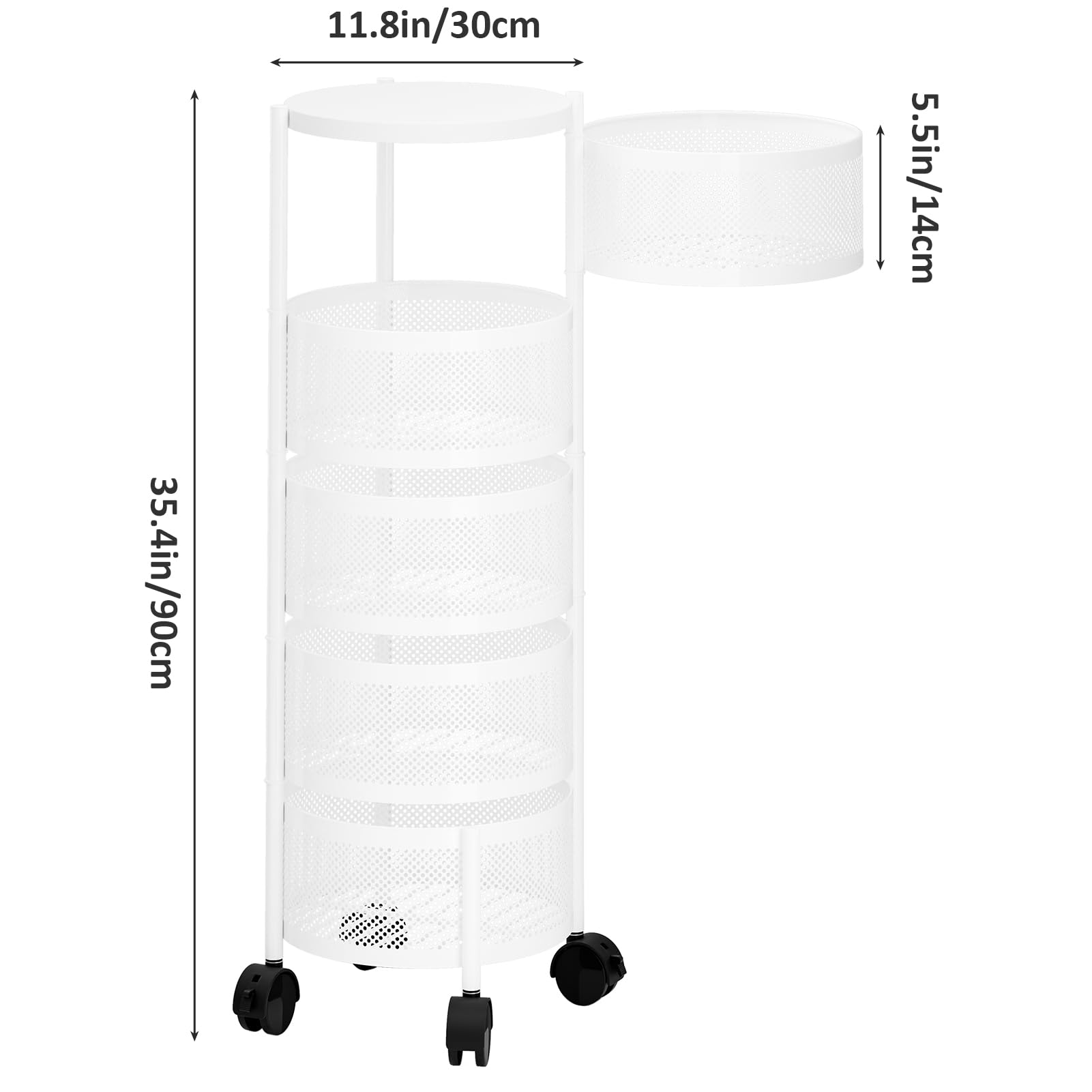 pofluany 3/4/5 Tier Rotating Storage Rack, Fruit Basket for Kitchen, Large Storage Rack with Wheels, Circular Rotating Basket, Fruit and Vegetable Metal Wire Shelf with Top Lid Four Layer