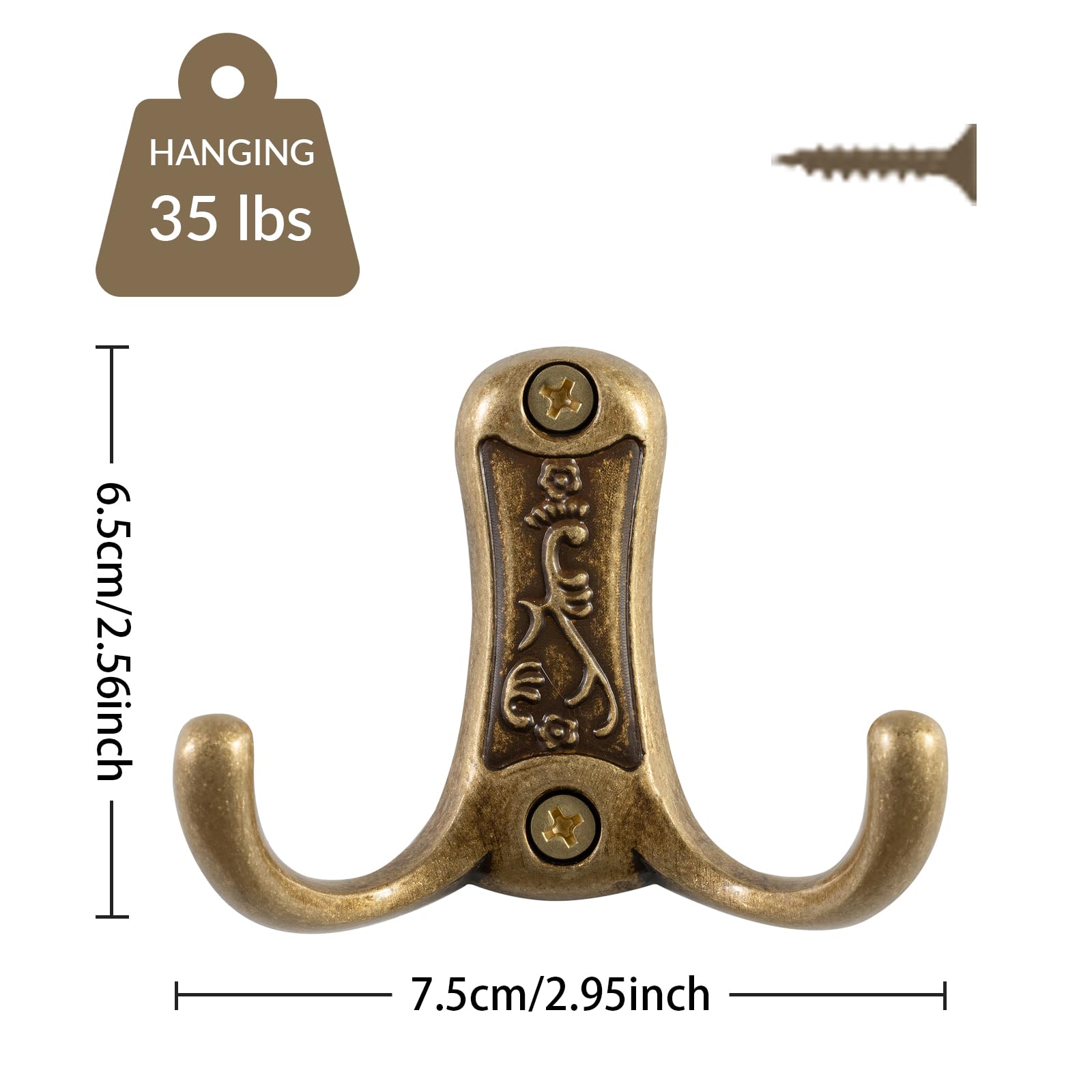 ZSDAJUJU 10PCS Coats Hooks, Heavy Duty Thick Dual Die-cast Copper Coat Hook Rail for Coat, Hat, Towel, Living Room, Bathroom, Kitchen, Bedroom (Brass)