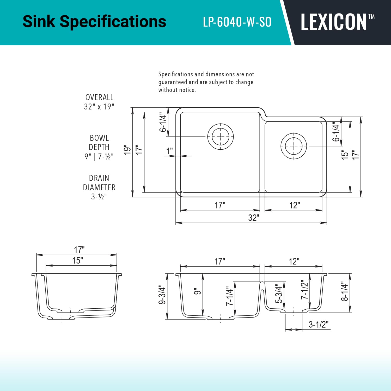 32" x 19" Quartz Kitchen Sink, 60/40 Double Bowl Sink, Drop-in Sink, Undermount Sink, Granite Kitchen Sink, White Kitchen Sink, Lexicon Platinum LP-6040-W-SO