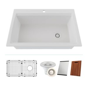 32" x 22" workstation sink, single bowl kitchen sinks, drop in kitchen sink, granite composite kitchen sink, quartz undermount sink, galaxy white kitchen sink, with grid, strainer, flange lp-750tm-w