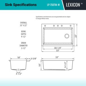 32" x 22" Workstation Sink, Single Bowl Kitchen Sinks, Drop in Kitchen Sink, Granite Composite Kitchen Sink, Quartz Undermount Sink, Galaxy White Kitchen Sink, with Grid, Strainer, Flange LP-750TM-W