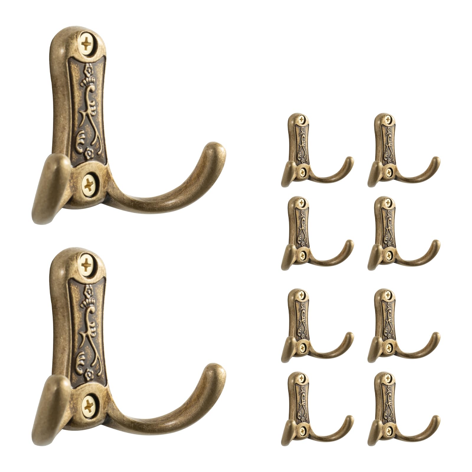 ZSDAJUJU 10PCS Coats Hooks, Heavy Duty Thick Dual Die-cast Copper Coat Hook Rail for Coat, Hat, Towel, Living Room, Bathroom, Kitchen, Bedroom (Brass)