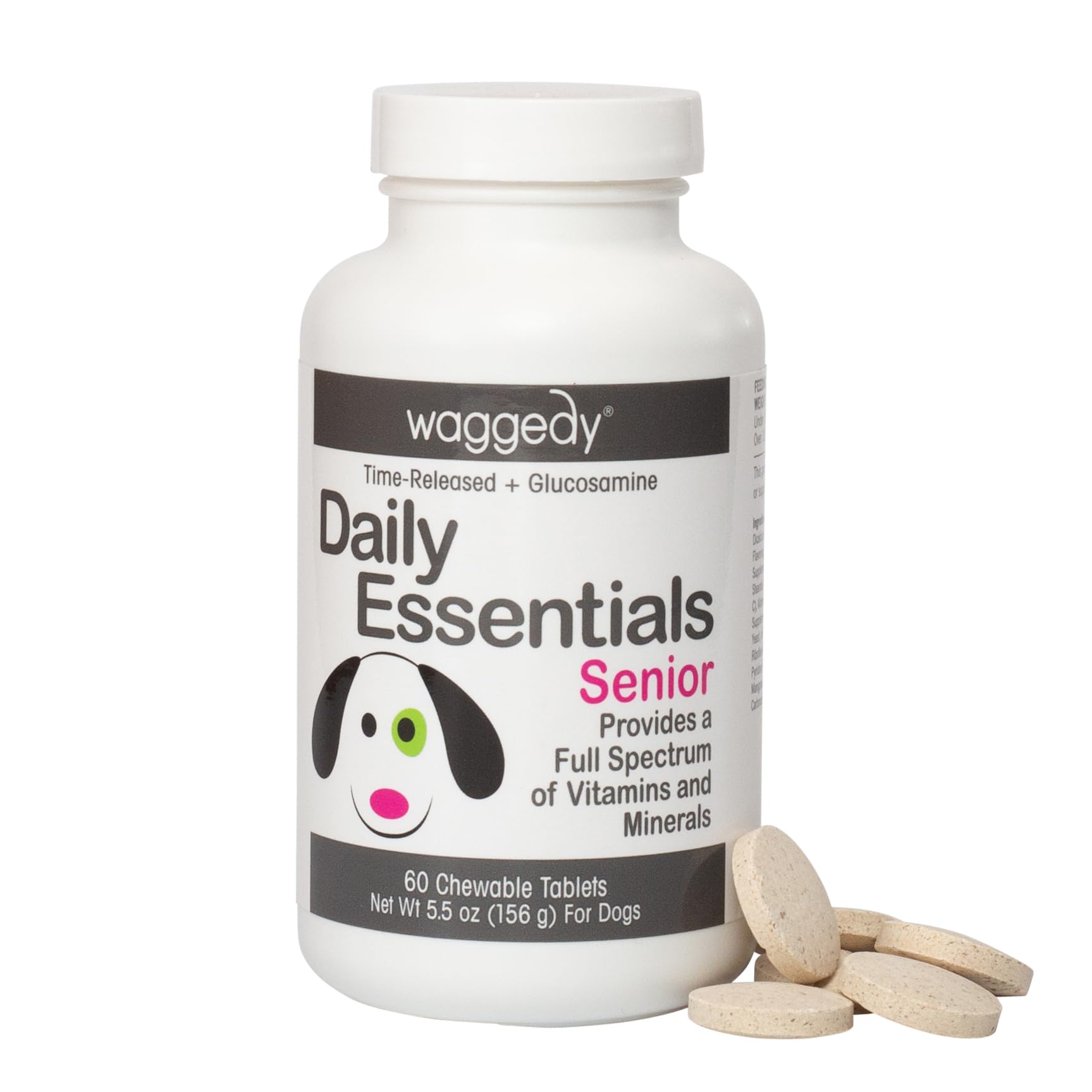 waggedy Daily Essentials Senior Tablets with Glucosamine — Pet Supplies for Digestion and Joint Health — Dog Multivitamin Treats for Overall Defense — Dog Vitamins and Supplements (60 Chewy Tablets)