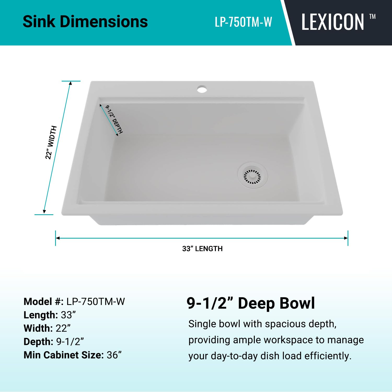 32" x 22" Workstation Sink, Single Bowl Kitchen Sinks, Drop in Kitchen Sink, Granite Composite Kitchen Sink, Quartz Undermount Sink, Galaxy White Kitchen Sink, with Grid, Strainer, Flange LP-750TM-W