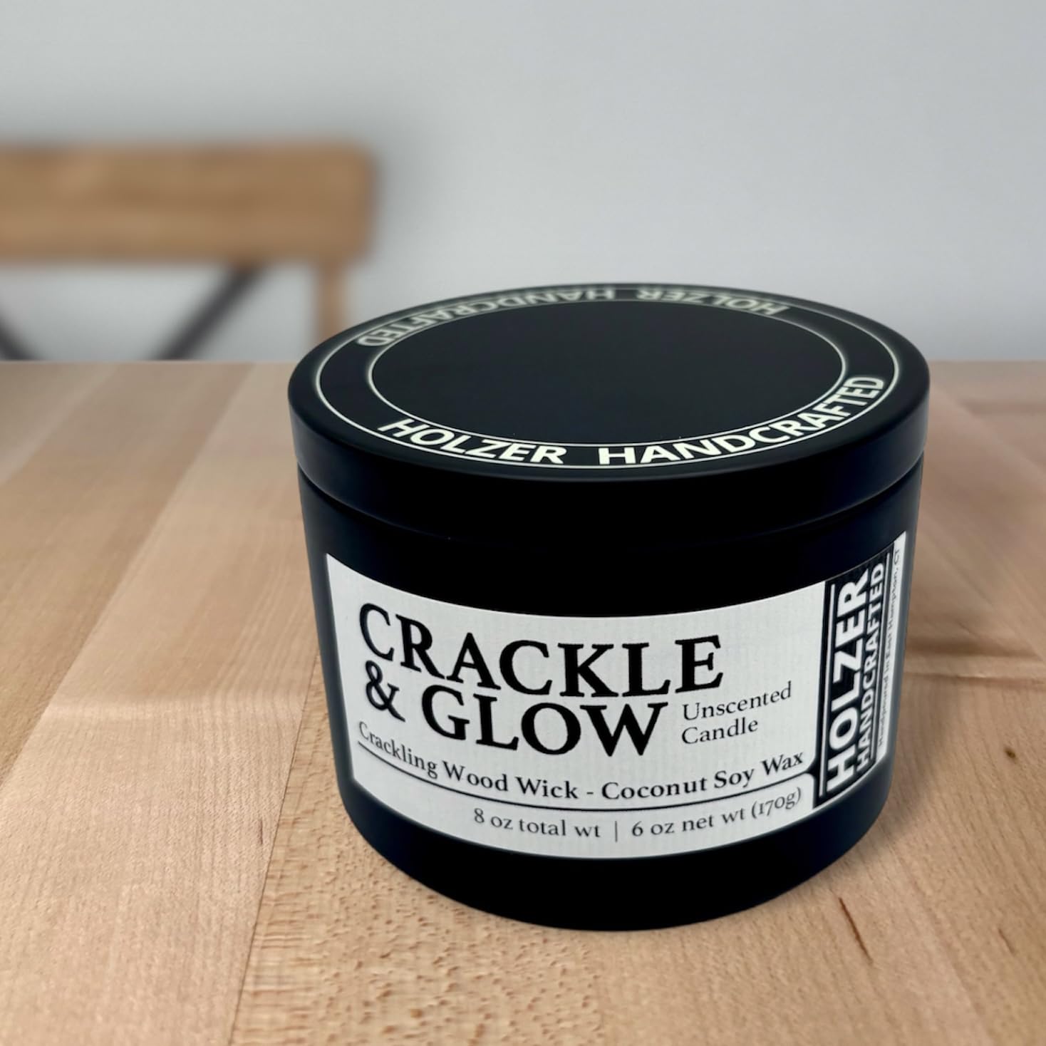 Unscented Crackling Wood Wick Candle | 45 Hour Burn | Handpoured Premium Coconut Soy Blend | Holzer Handcrafted USA | Luxury (Crackle & Glow, 1 Candle - 6oz)