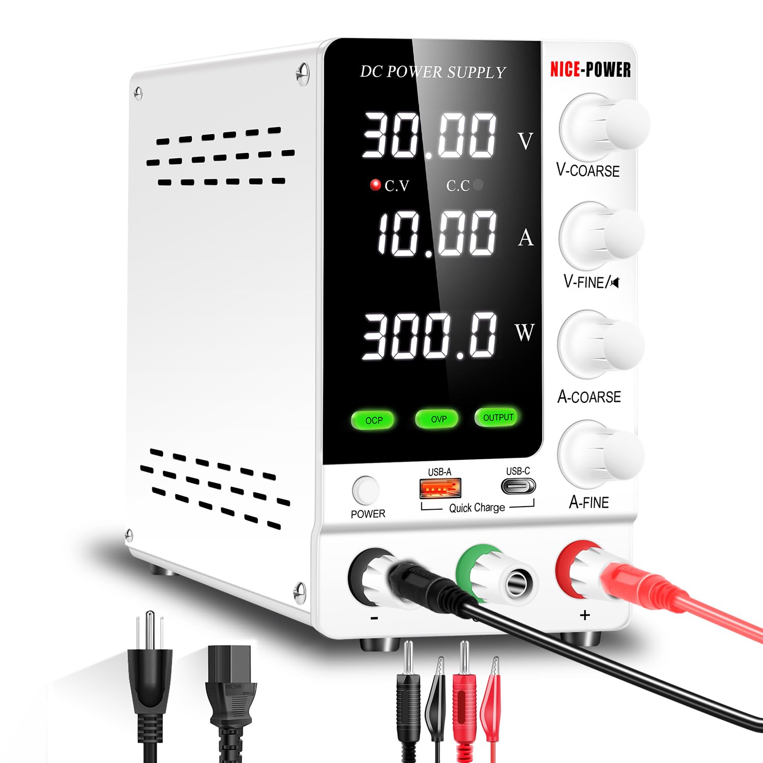 NICE-POWER DC Power Supply Variable 30V 10A, Adjustable Regulated DC Bench Power Supply with Encoder, Output Switch and OCP/OVP, Benchtop Lab Power Supplies with USB-A and Type-C Quick Charge (White)