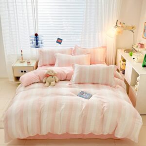 mengersi waffle weave duvet cover set,aesthetic bedding set comforter cover with pillowcase for all season (no comforter included) (pink, queen)