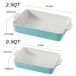 Howise Ceramic Baking Casserole Dish with Handles, Large 9x13 inch Pan and Middle Baking Pan - Porcelain Serving Bakeware Set (Light Blue)