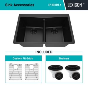 33" x 22" Quartz Kitchen Sink, Double Bowl Kitchen Sinks, Drop in sink, Undermount Sink, Galaxy Black Kitchen Sink, Double Sink Kitchen, Grids, Strainer and Flange, Lexicon Platinum LP-800TM-K