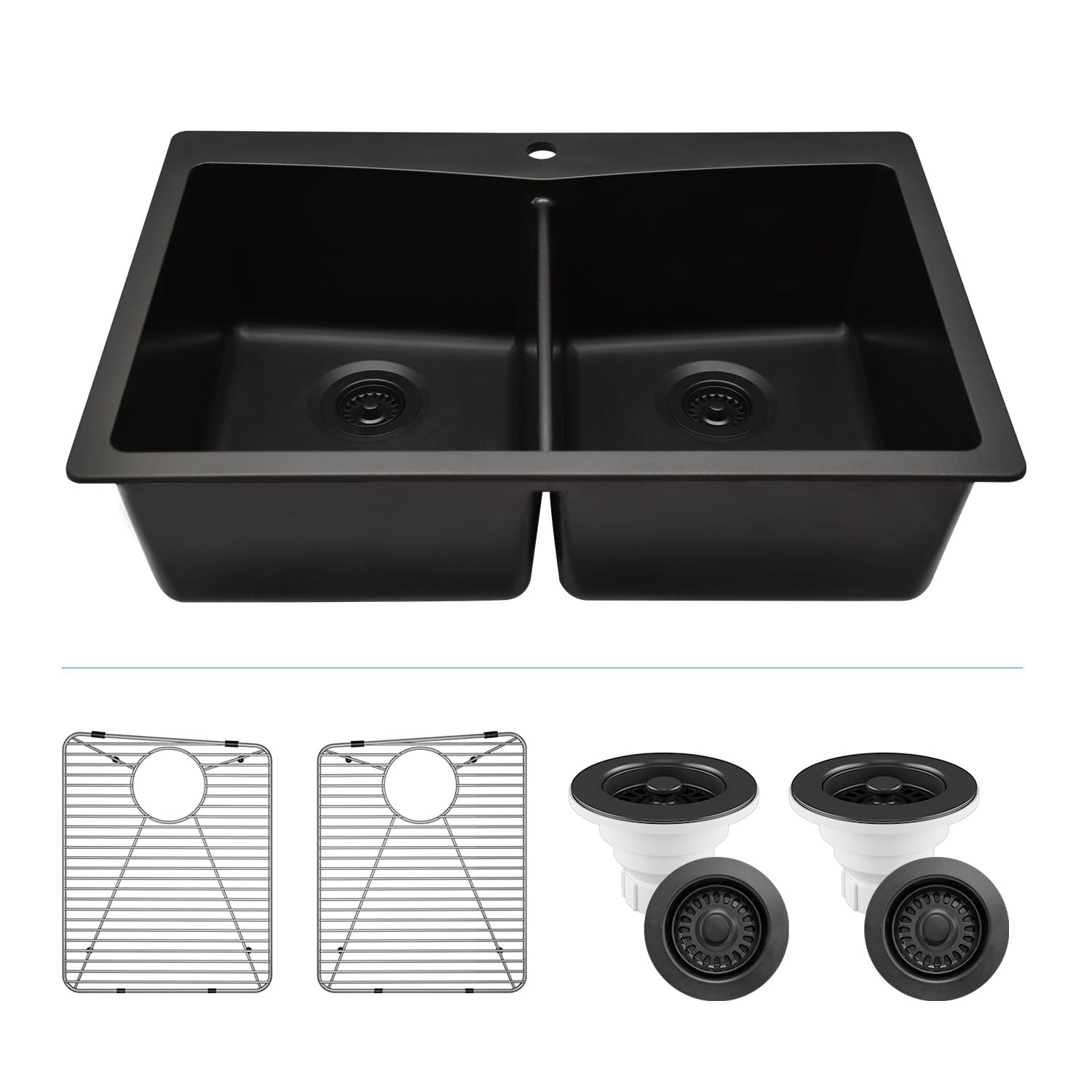 33" x 22" Quartz Kitchen Sink, Double Bowl Kitchen Sinks, Drop in sink, Undermount Sink, Galaxy Black Kitchen Sink, Double Sink Kitchen, Grids, Strainer and Flange, Lexicon Platinum LP-800TM-K