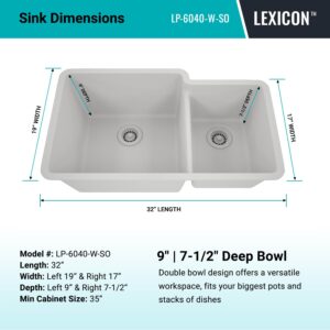 32" x 19" Quartz Kitchen Sink, 60/40 Double Bowl Sink, Drop-in Sink, Undermount Sink, Granite Kitchen Sink, White Kitchen Sink, Lexicon Platinum LP-6040-W-SO