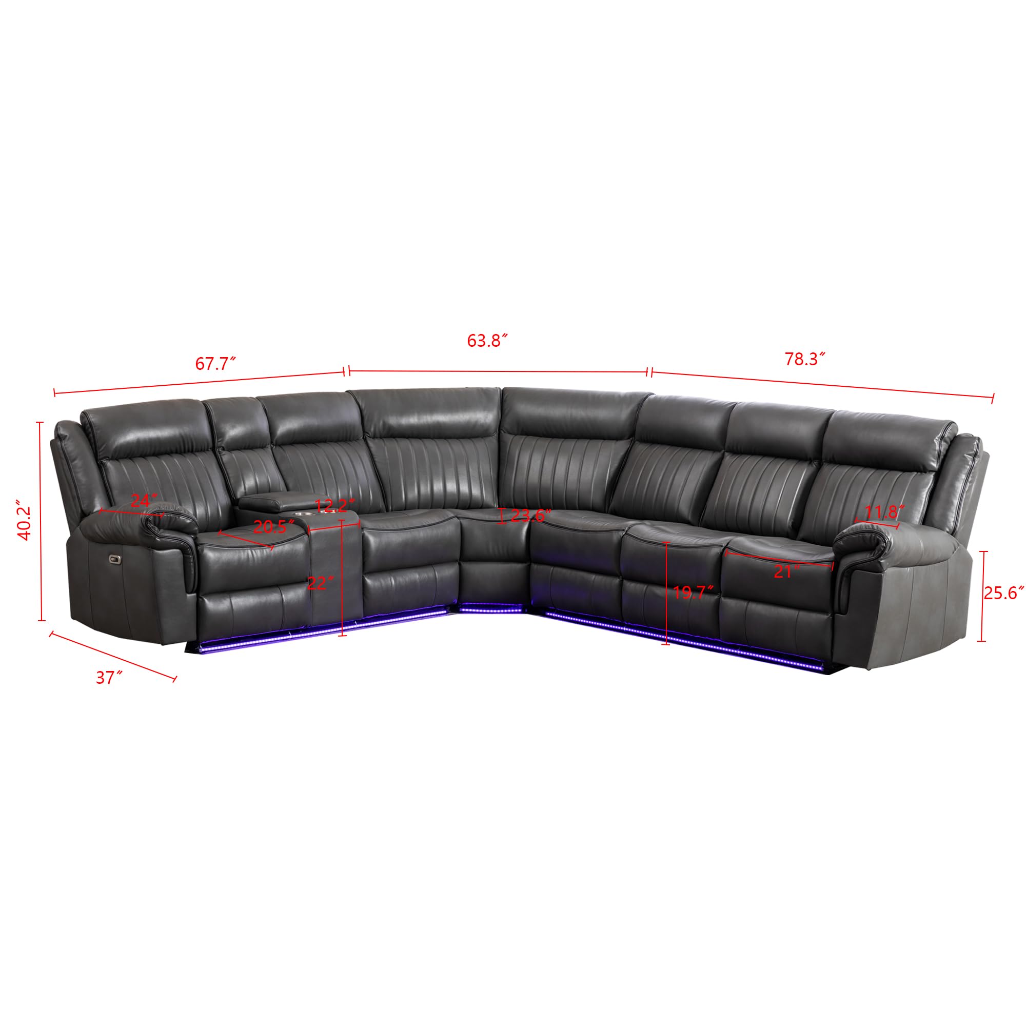 Hybition Power Reclining Sectional Sofa Multi-Functional 6 Seater Sectional Sofa L-Shaped PU Leather L-Shaped Sofa LED Lights Stereo Storage Cup Holders USB -Grey