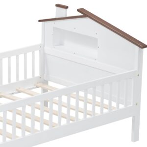 Bellemave Twin Size Montessori Bed for Kids, Twin Size Kids Bed with Fence，Kids Montessori Bed with House-Shaped Headboard and Built-in Storage, White