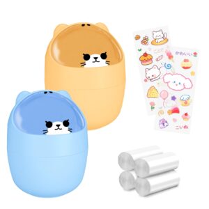 wchosozh 2pcs cute small trash can, mini kawaii cartoon animal shape garbage cans with 4pcs garbage bags and 2pcs stickers, countertop rubbish storage bin with swing lid for kitchen,desk (yellow-blue)