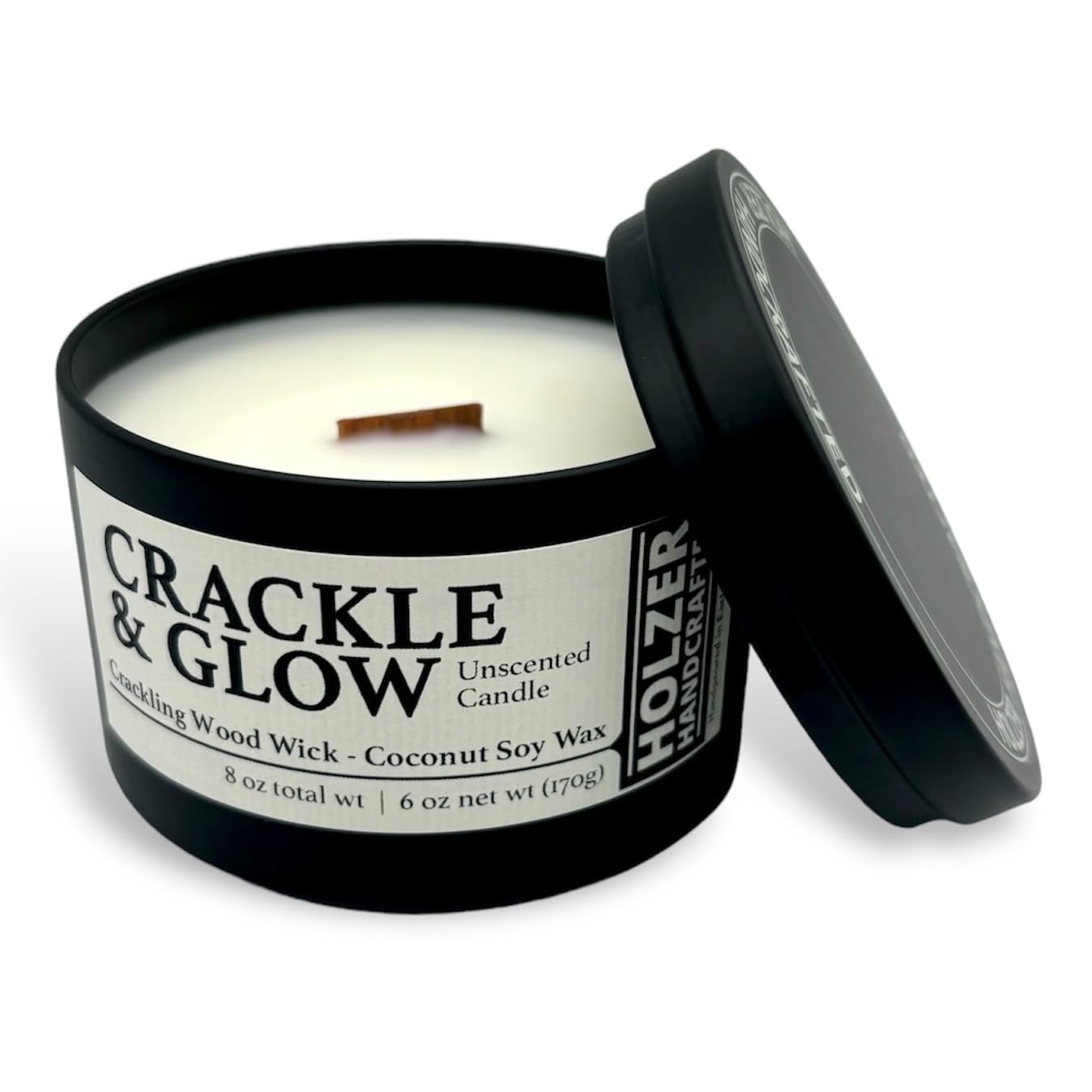 Unscented Crackling Wood Wick Candle | 45 Hour Burn | Handpoured Premium Coconut Soy Blend | Holzer Handcrafted USA | Luxury (Crackle & Glow, 1 Candle - 6oz)