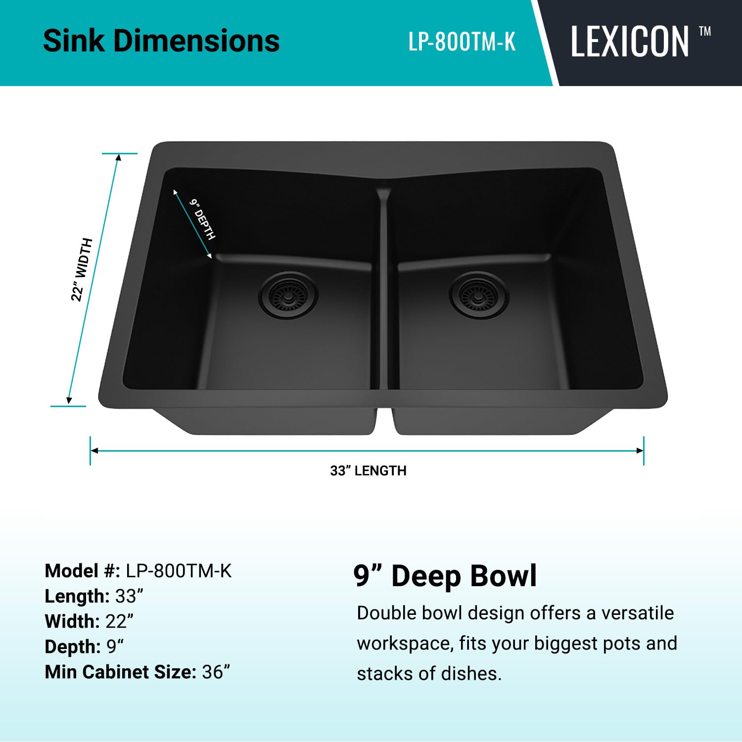 33" x 22" Quartz Kitchen Sink, Double Bowl Kitchen Sinks, Drop in sink, Undermount Sink, Galaxy Black Kitchen Sink, Double Sink Kitchen, Grids, Strainer and Flange, Lexicon Platinum LP-800TM-K