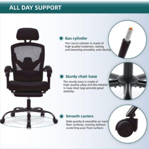 GlasFlength Mesh Ergonomic Office Chair with Foot Rest, Big and Tall Comfy Computer Desk Chair with Adjustable Headrest Backrest, Swivel Executive Desk Chair with Wheels, Black Mesh