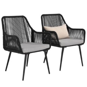 olaterior patio dining chairs set of 2, outdoor dining chairs, all-weather woven twisted wicker rattan chair with armrest and cushion, modern indoor outdoor seating for garden, lawn, backyard, black