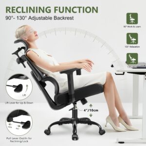 Office Chair Ergonomic Desk Chair, High Back Gaming Chair, Big and Tall Reclining Chair Breathable Mesh Comfy Home Office Desk Chair Lumbar Support Computer Chair Adjustable Arms, 3D Headrest (Black)